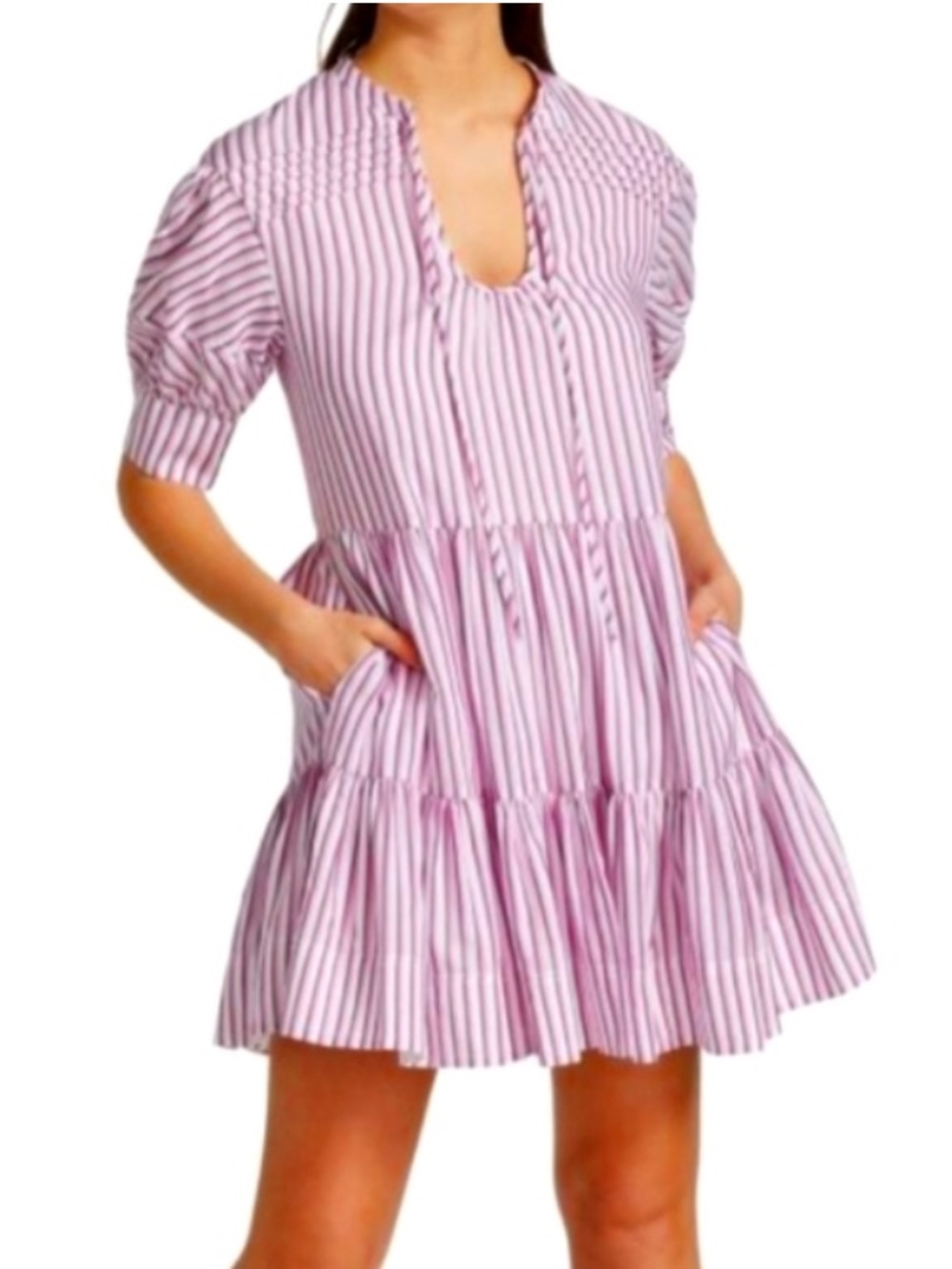 TANYA TAYLOR Pink Striped Tiered Mini Dress Puff Sleeve With Pockets Size XS